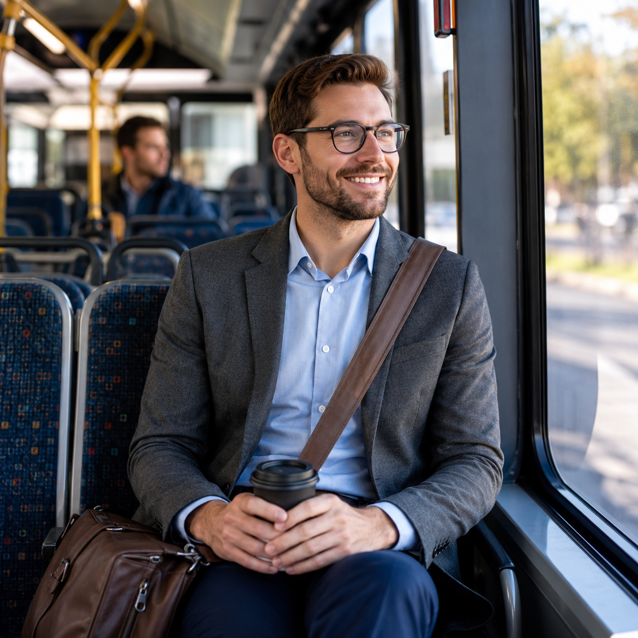 Male professionals travelling comfortably inside a clean ZAIN CARLIFT bus